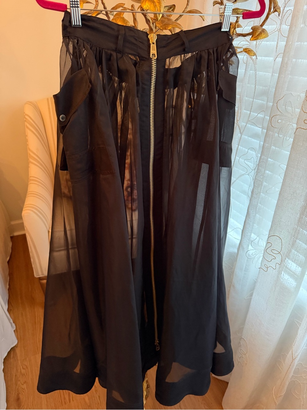 Anthropologie Black Sheer A-Line Maxi Skirt with Gold Zip - Picture 5 of 8